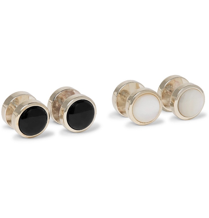 Photo: Kingsman - Turnbull & Asser Silver-Tone, Mother-of-Pearl and Onyx Shirt Studs - Silver