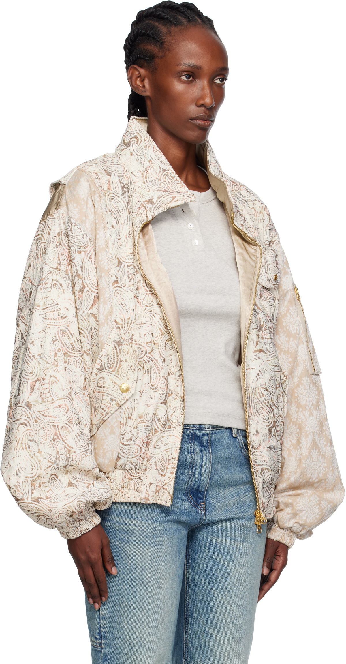 OPEN YY Beige Paisley Cargo Bomber Jacket