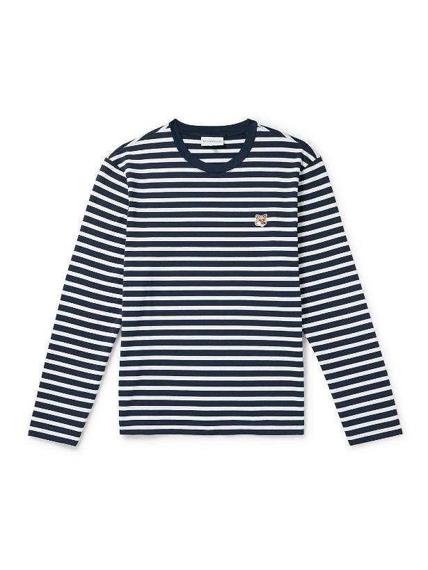 Photo: Maison Kitsuné - Logo-Appliquéd Striped Cotton-Jersey T-Shirt - Blue