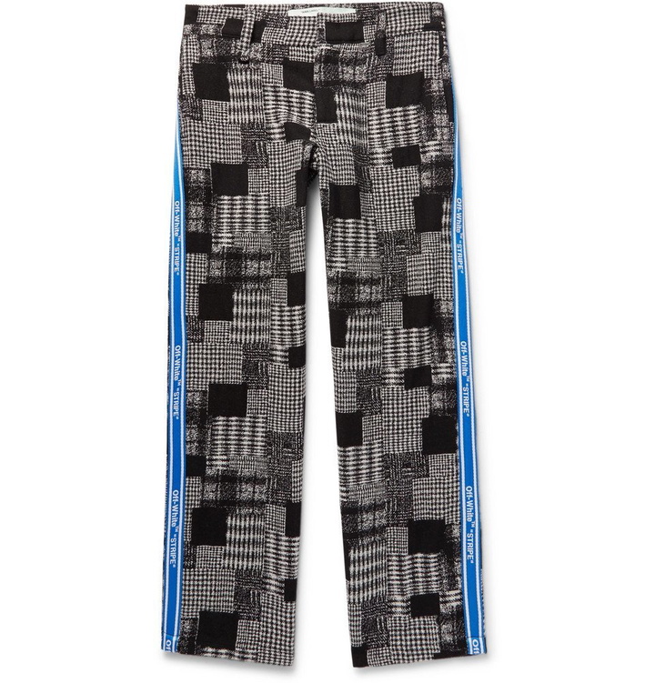 Photo: Off-White - Webbing-Trimmed Checked Cotton-Blend Trousers - Gray