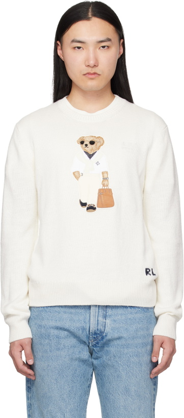 Photo: Ralph Lauren Purple Label White 'Polo Bear' Silk-Linen Sweater