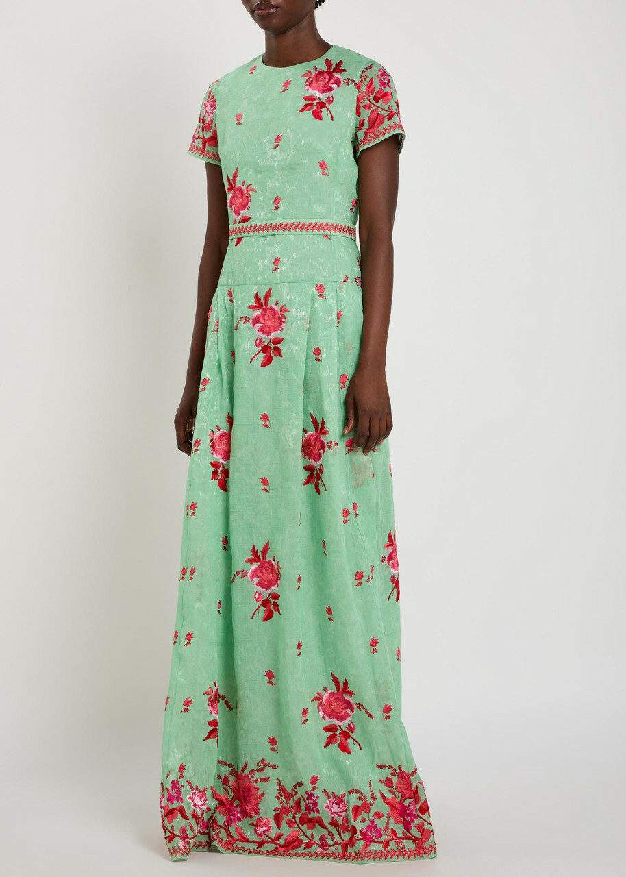 Erdem Floral Belted Cotton and Silk-blend Midi Dress Mint