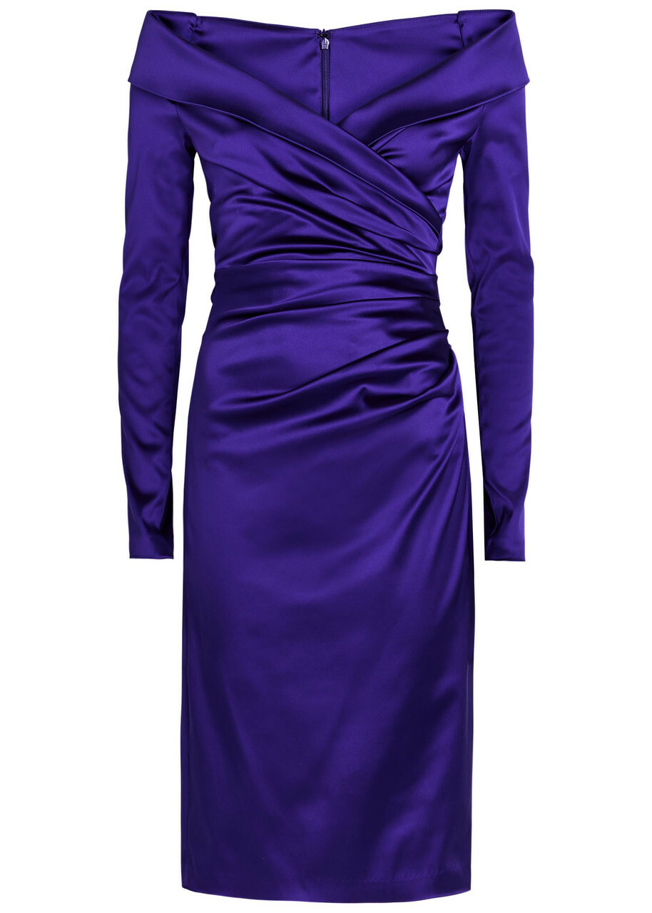 Talbot Runhof Off-the-shoulder Gathered Satin Midi Dress Blue