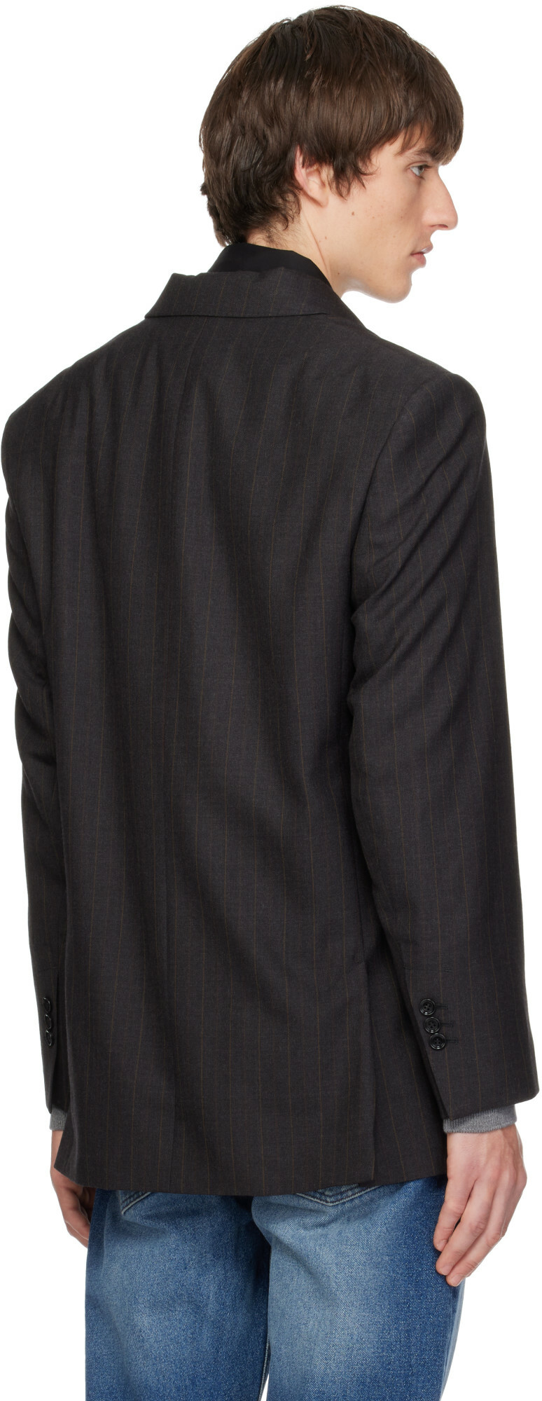 AMI Paris Gray Double-Breasted Striped Wool Blazer