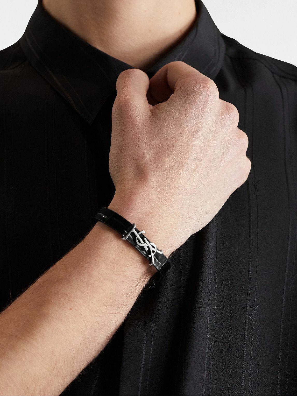 SAINT LAURENT Opyum Leather and Silver-Tone Bracelet for Men