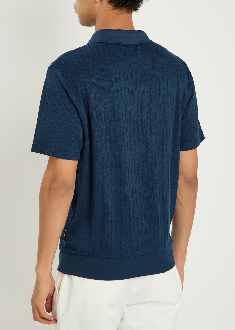 Oliver Spencer Fine-knit Ribbed Cotton Polo Shirt Navy