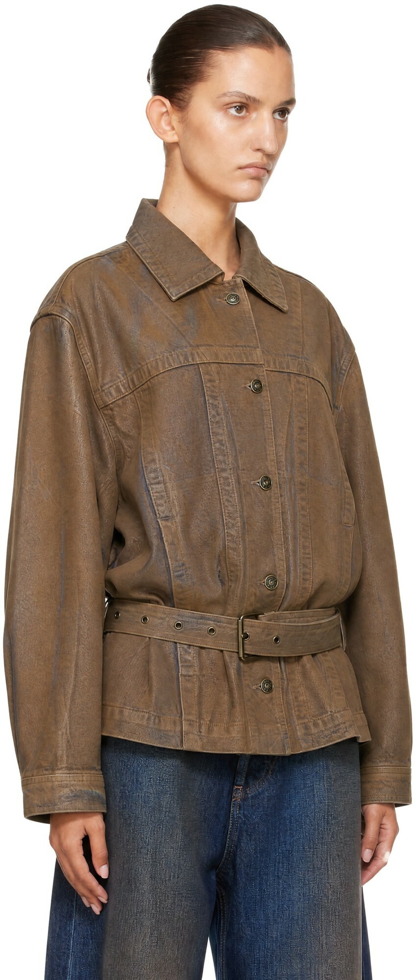 KNWLS Brown Oversized Gloss Coated Denim Jacket