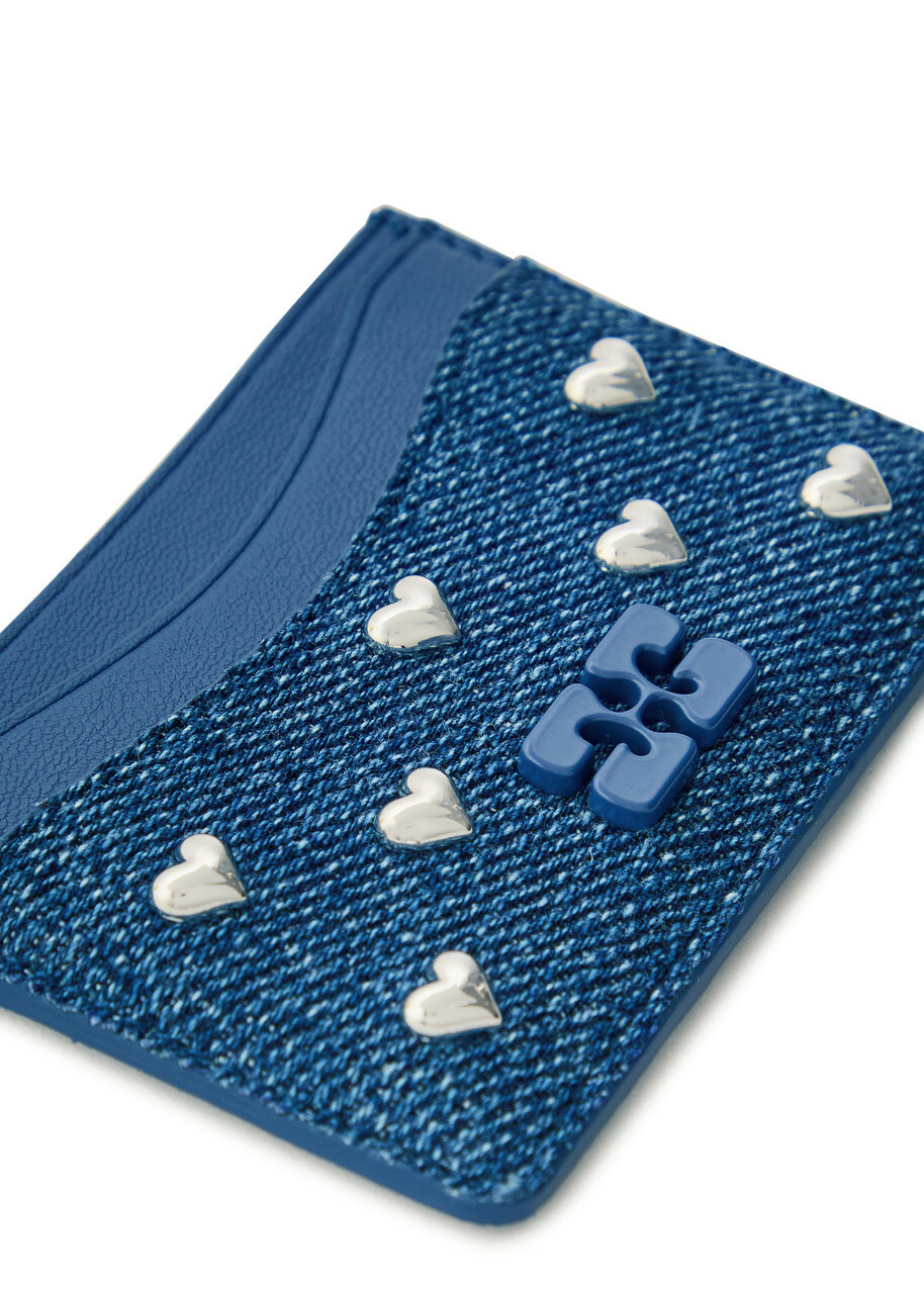 Ganni Embellished Leather and Denim Card Holder - One Size