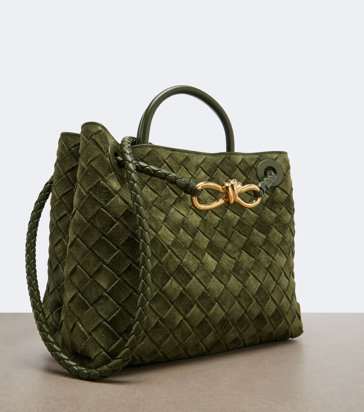 Bottega Veneta Andiamo Intrecciato Small suede top-handle bag