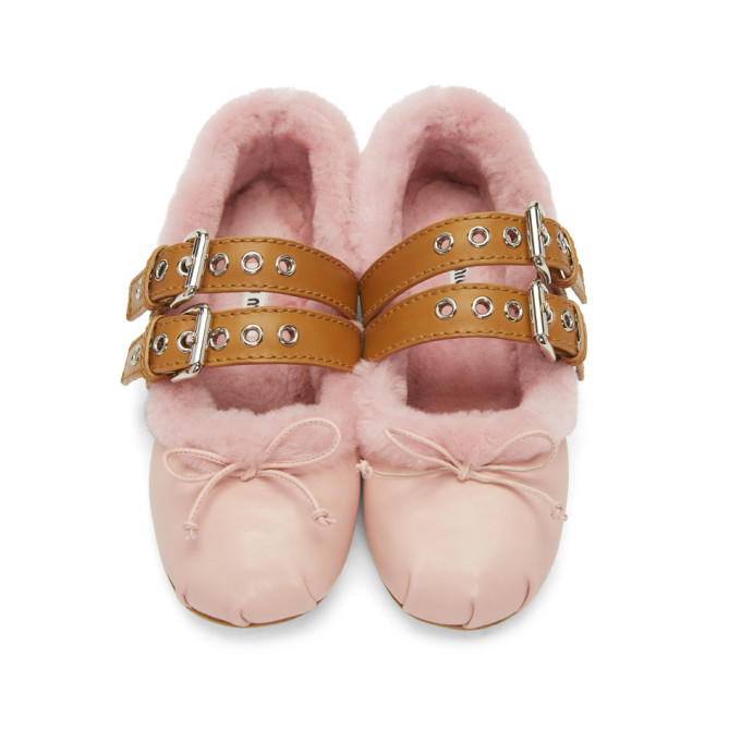 Miu Miu Pink Shearling Double Buckle Ballerina Flats