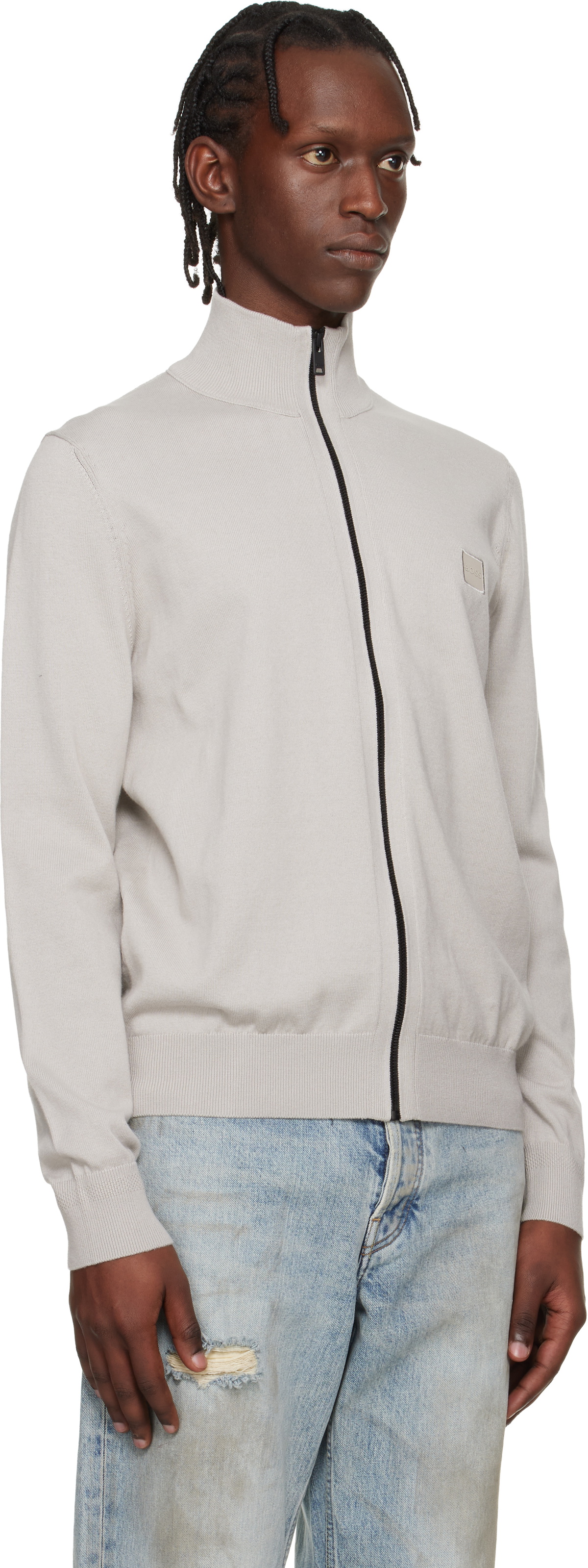 BOSS Gray Cotton Cashmere Knitted Logo Patch Sweatshirt