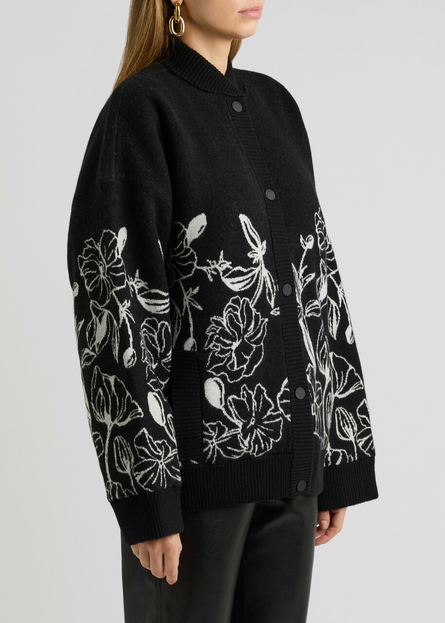 Stine Goya Floral-intarsia Wool-blend Cardigan Black And White