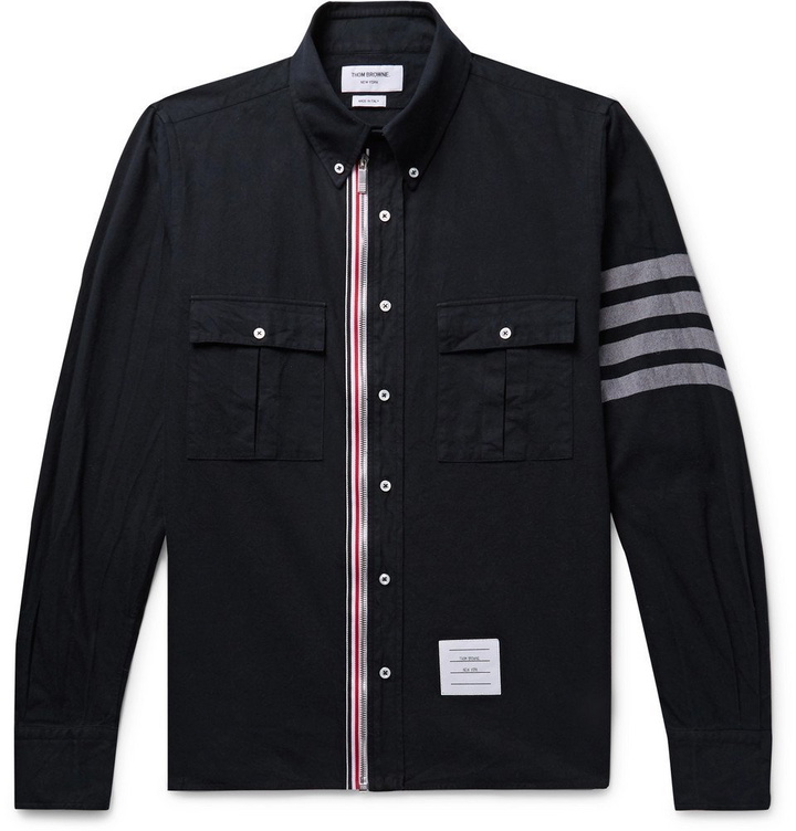 Photo: Thom Browne - Button-Down Collar Grosgrain-Trimmed Cotton-Twill Zip-Up Shirt - Navy