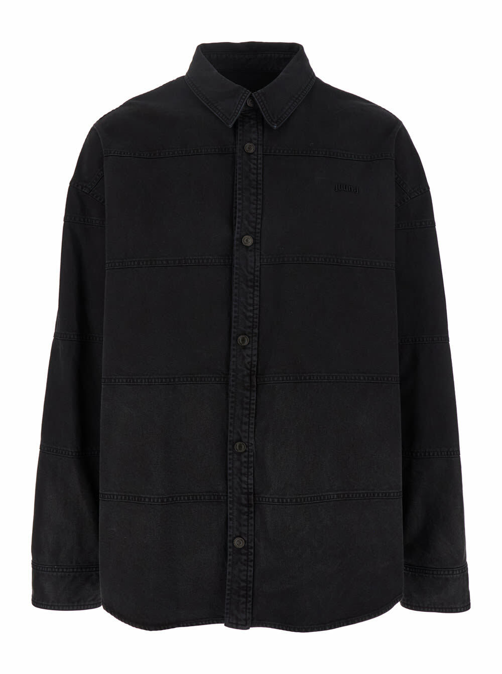 Juun.J Black Shirt With Classic Collar And Tonal Logo Lettering Embroidery On The Front In Denim Man