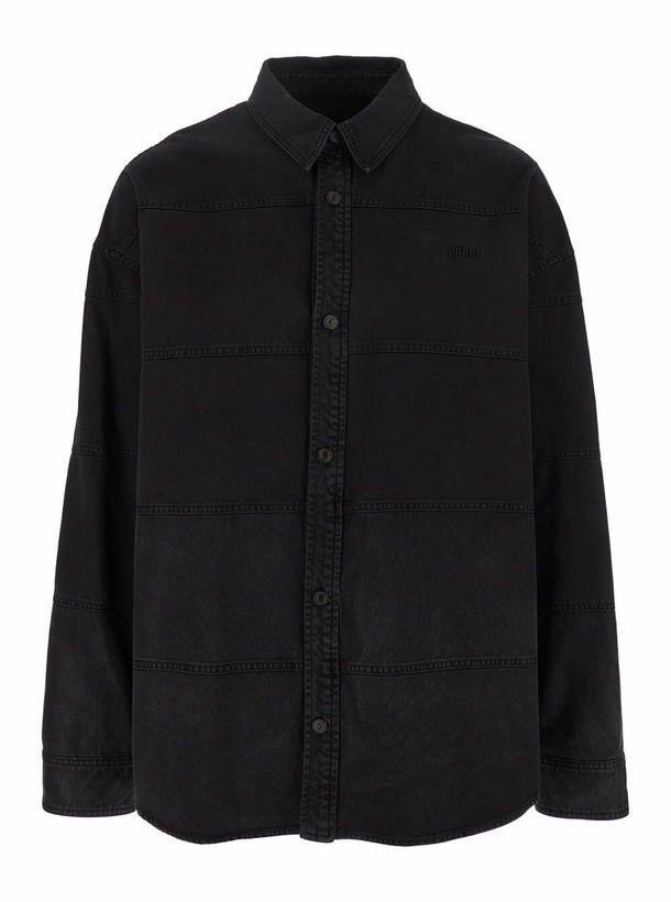 Photo: Juun.J Black Shirt With Classic Collar And Tonal Logo Lettering Embroidery On The Front In Denim Man