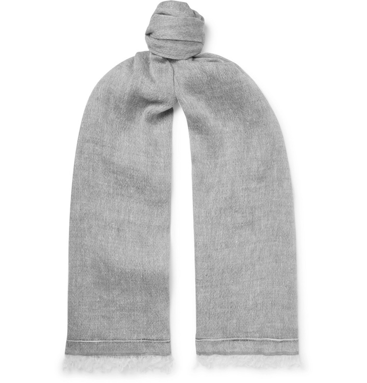 Photo: Brunello Cucinelli - Fringed Linen and Cashmere-Blend Scarf - Gray