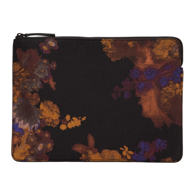 Photo: Dries Van Noten Black and Multicolor Floral Print Laptop Pouch