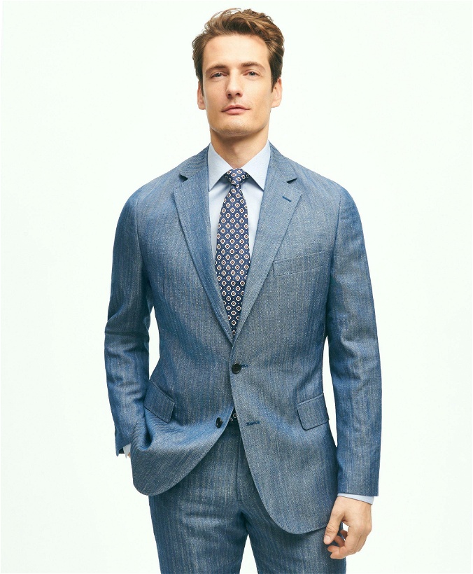 Photo: Brooks Brothers Men's Regent Fit Wool Linen Herringbone Suit Jacket | Blue