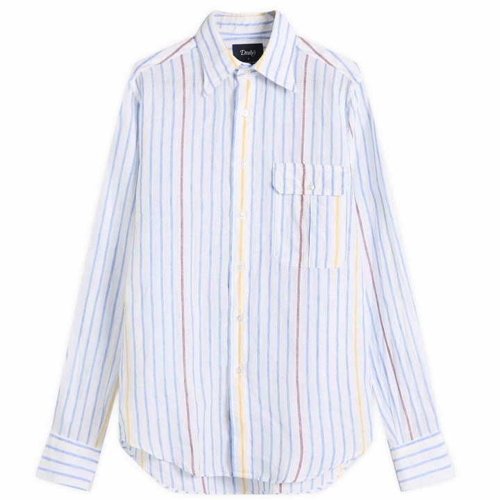 Photo: Drake's Men's Linen Stripe Summer Shirt in Blue/White/Yellow