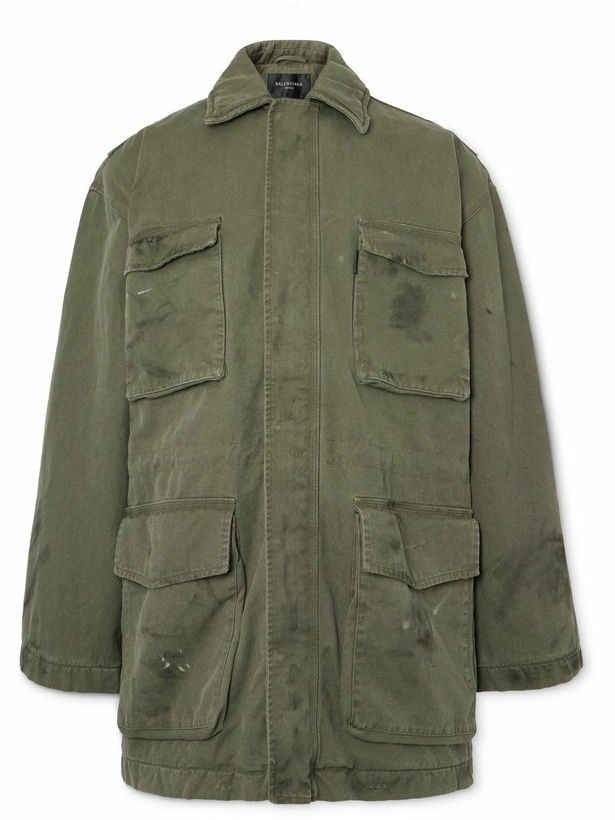 Photo: Balenciaga - Distressed Cotton-Canvas Coat - Green