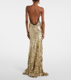 Roberto Cavalli Lace-trimmed silk-blend gown