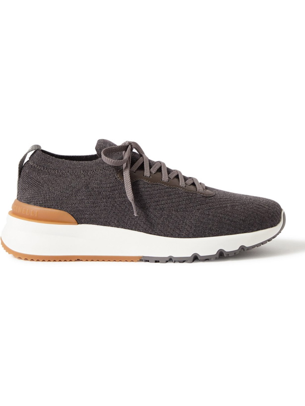 Photo: BRUNELLO CUCINELLI - Leather-Trimmed Stretch-Knit Sneakers - Gray