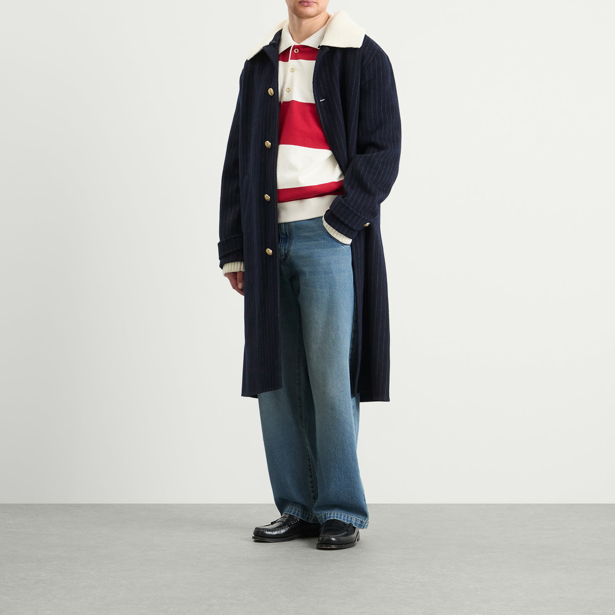 Drôle de Monsieur Men's Drole De Monsieur Pinstripe Coat with Detachable Collar in Dark Navy