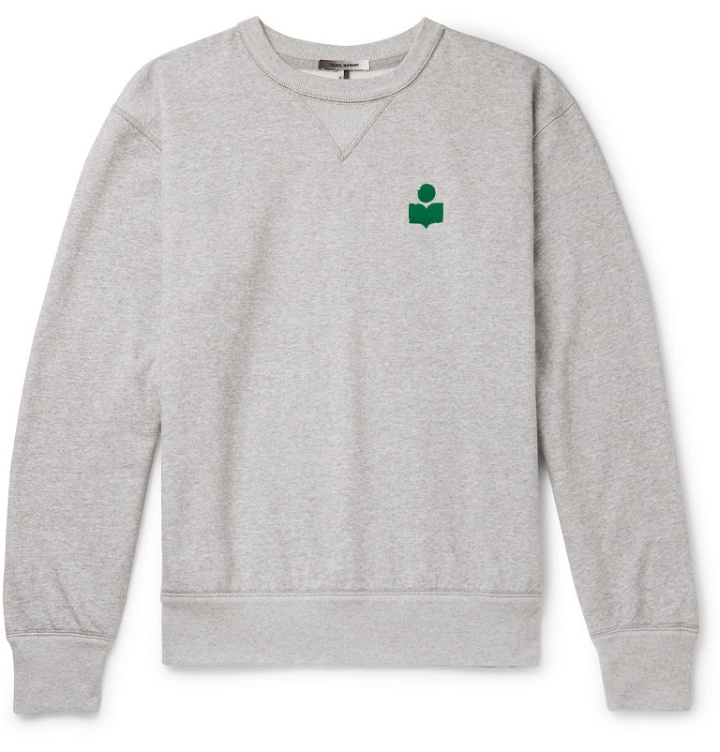 Photo: Isabel Marant - Mike Logo-Flocked Mélange Fleece-Back Cotton-Blend Jersey Sweatshirt - Gray