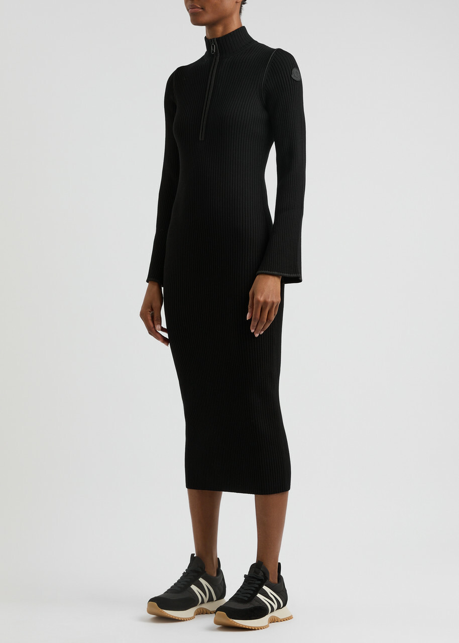 knit black long sleeve dress Black Knit Long Sleeve Collared Midi Dress  AX Paris