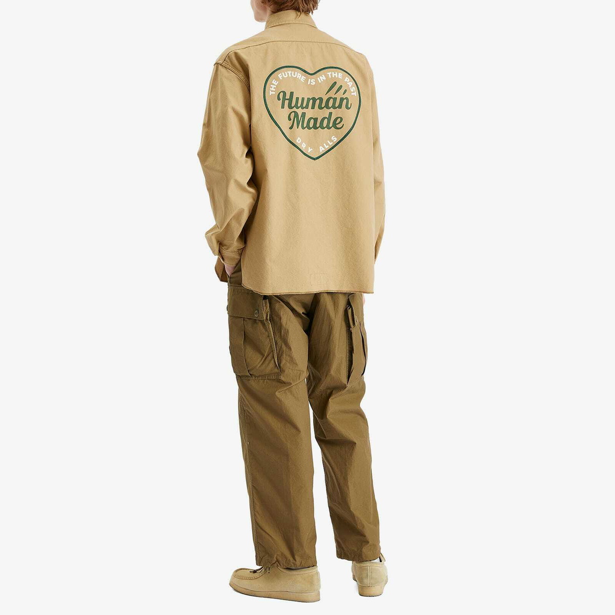 Human Made Men's Zip-Up Heart Print Work Shirt in Beige