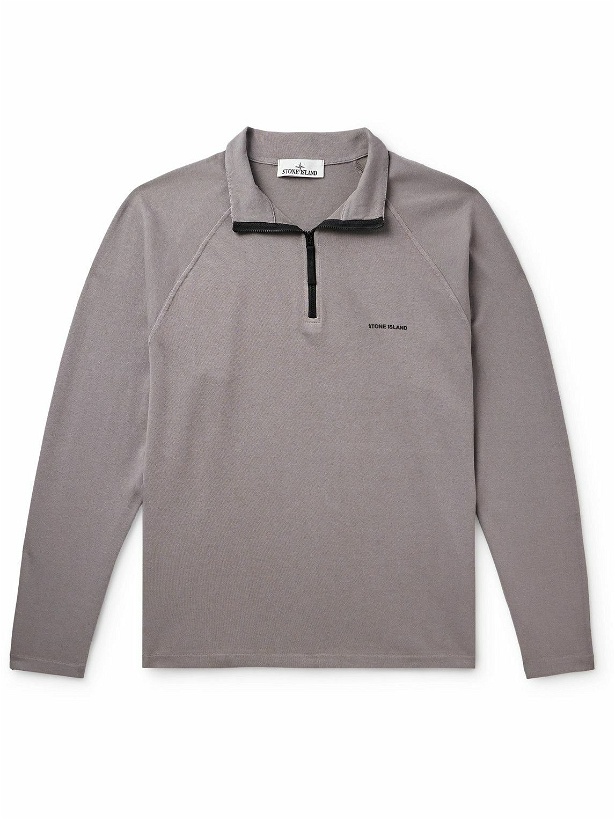 Photo: Stone Island - Garment-Dyed Logo-Print Cotton-Jersey Half-Zip Sweater - Gray