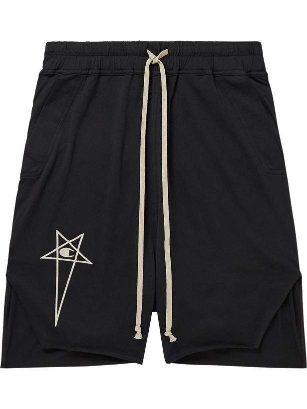Photo: Rick Owens - Champion Pods Logo-Embroidered Organic Cotton-Jersey Drawstring Shorts - Black