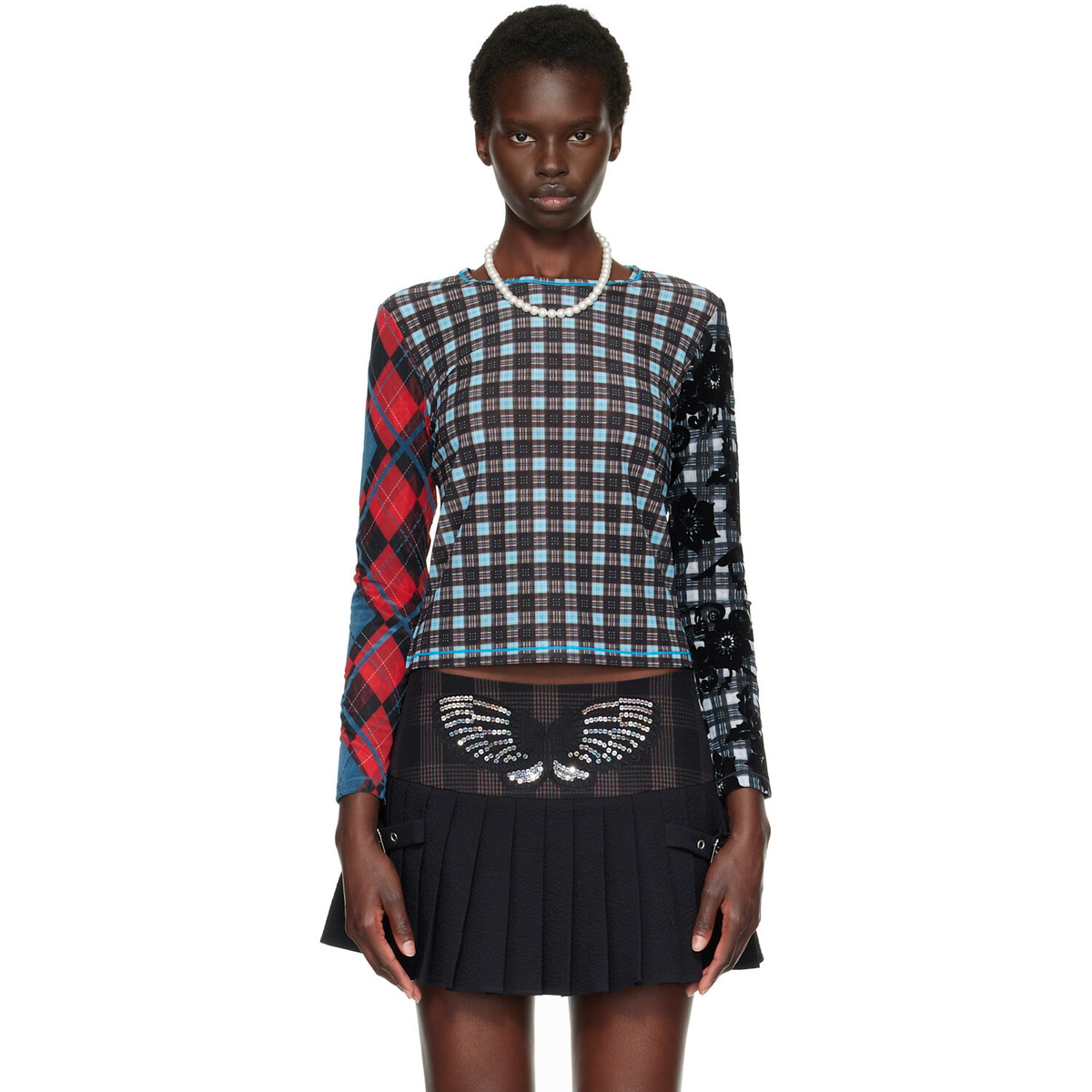 トップス CHOPOVA LOWENA Tartan Girl Top Chopova Lowena Gray Tartan Girl Long Sleeve T-Shirt Chopova Lowena