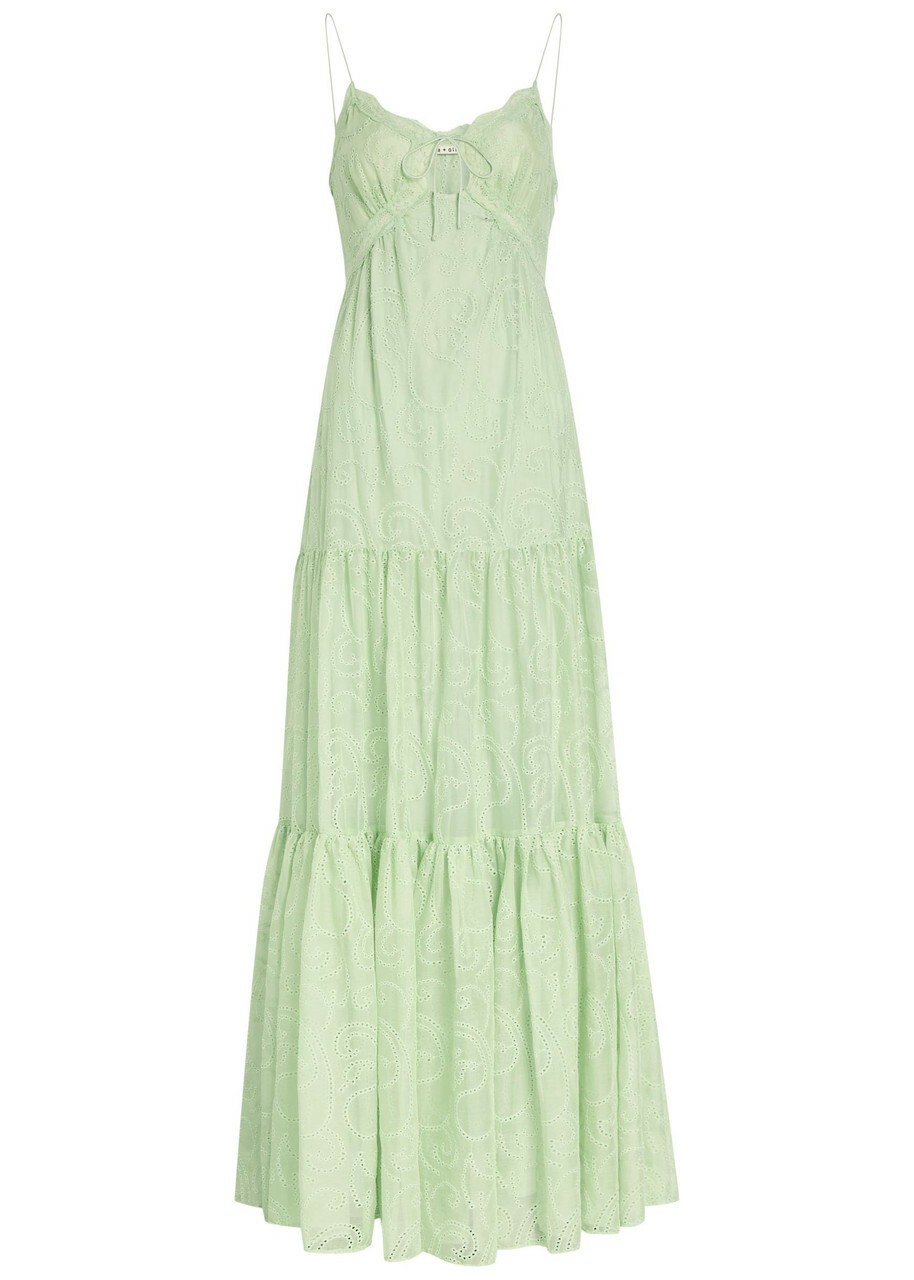 Alice + Olivia Nicky Embroidered Tiered Chiffon Maxi Dress Light Green
