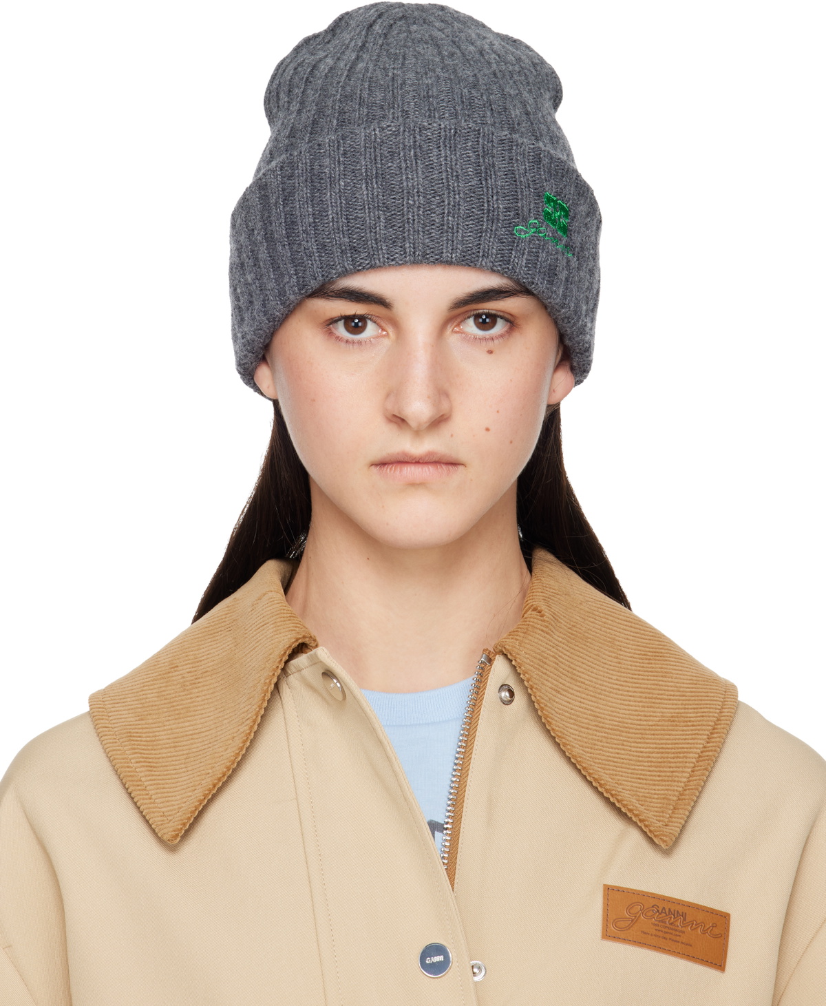 GANNI Gray Wool Knit Beanie