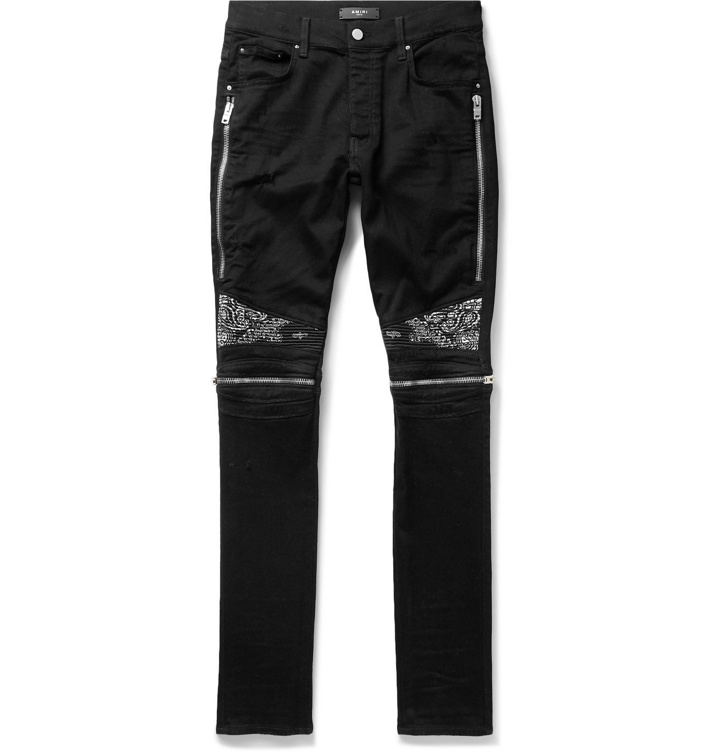 Photo: AMIRI - MX2 Skinny-Fit Panelled Distressed Stretch-Denim Jeans - Black