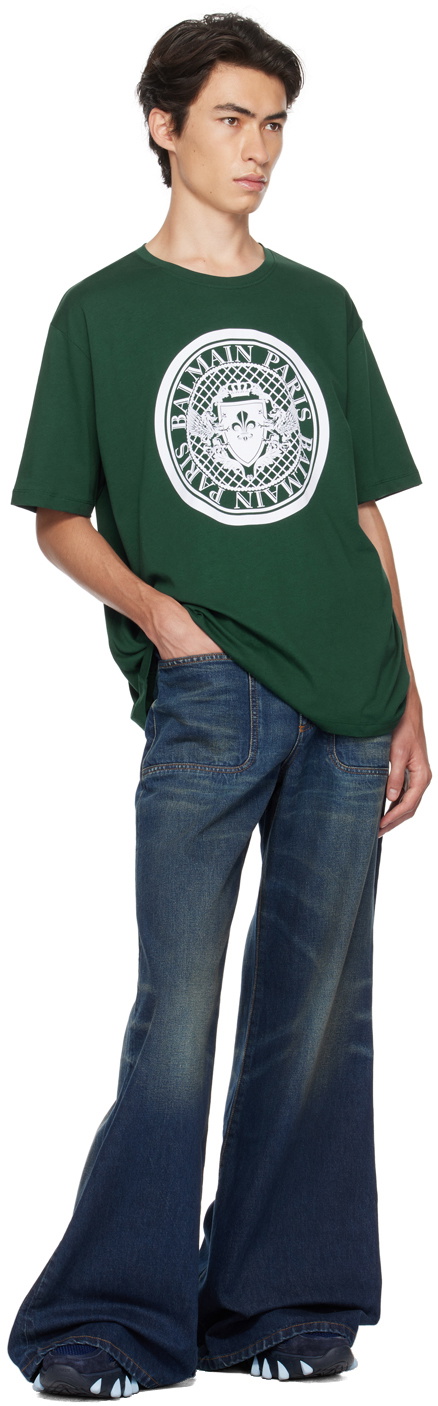 【送料&関税込】Balmain Green Cotton T-shirt Balmain Mens Dark Green Cotton Embroidered Logo T-Shirt Size