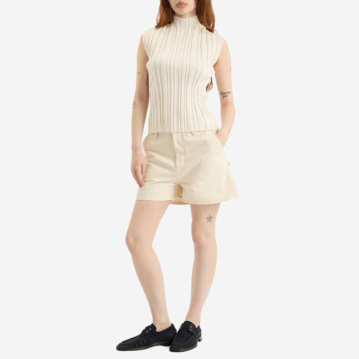 Pleats Please Issey Miyake Women's Rib Knit Short Sleeve Top in Off White 