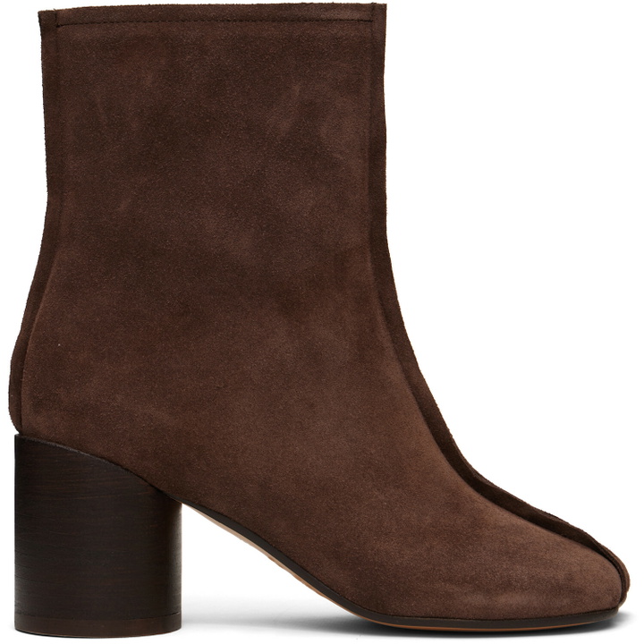 Photo: MM6 Maison Margiela Brown Suede Anatomic Stitch Toe Ankle Boots