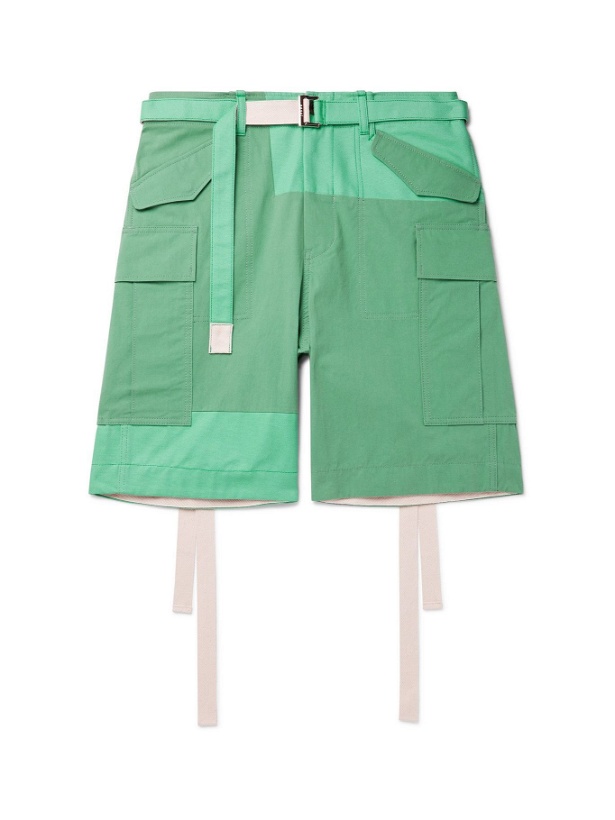 Photo: SACAI - Belted Panelled Cotton-Blend Oxford and Shell Cargo Shorts - Green