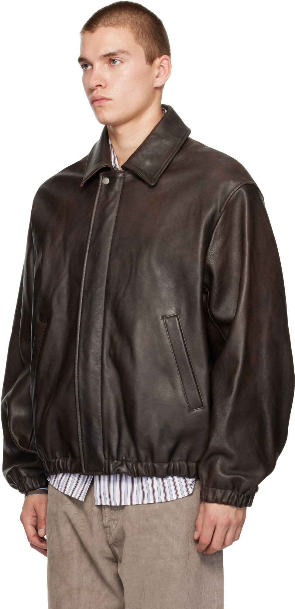ssstein Brown Sheep Leather Zip Short Jacket