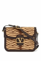 VALENTINO GARAVANI beige and dark brown striped leather shoulder bag Beige