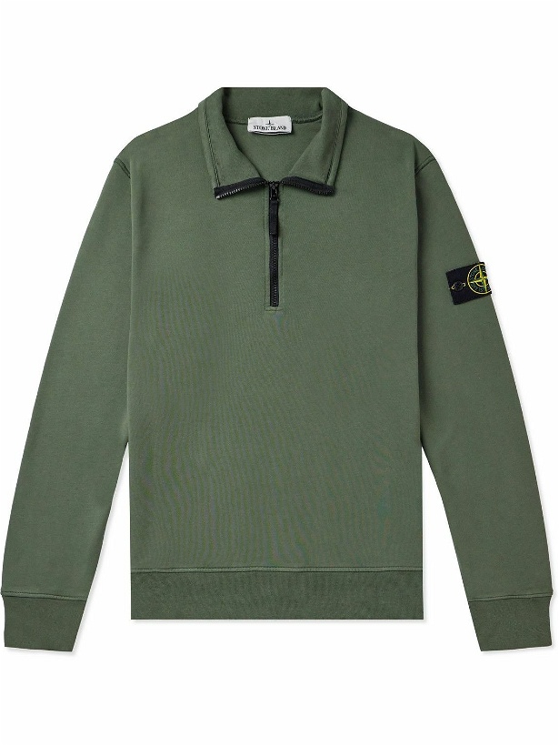 Photo: Stone Island - Logo-Appliquéd Garment-Dyed Cotton-Jersey Half-Zip Sweatshirt - Green