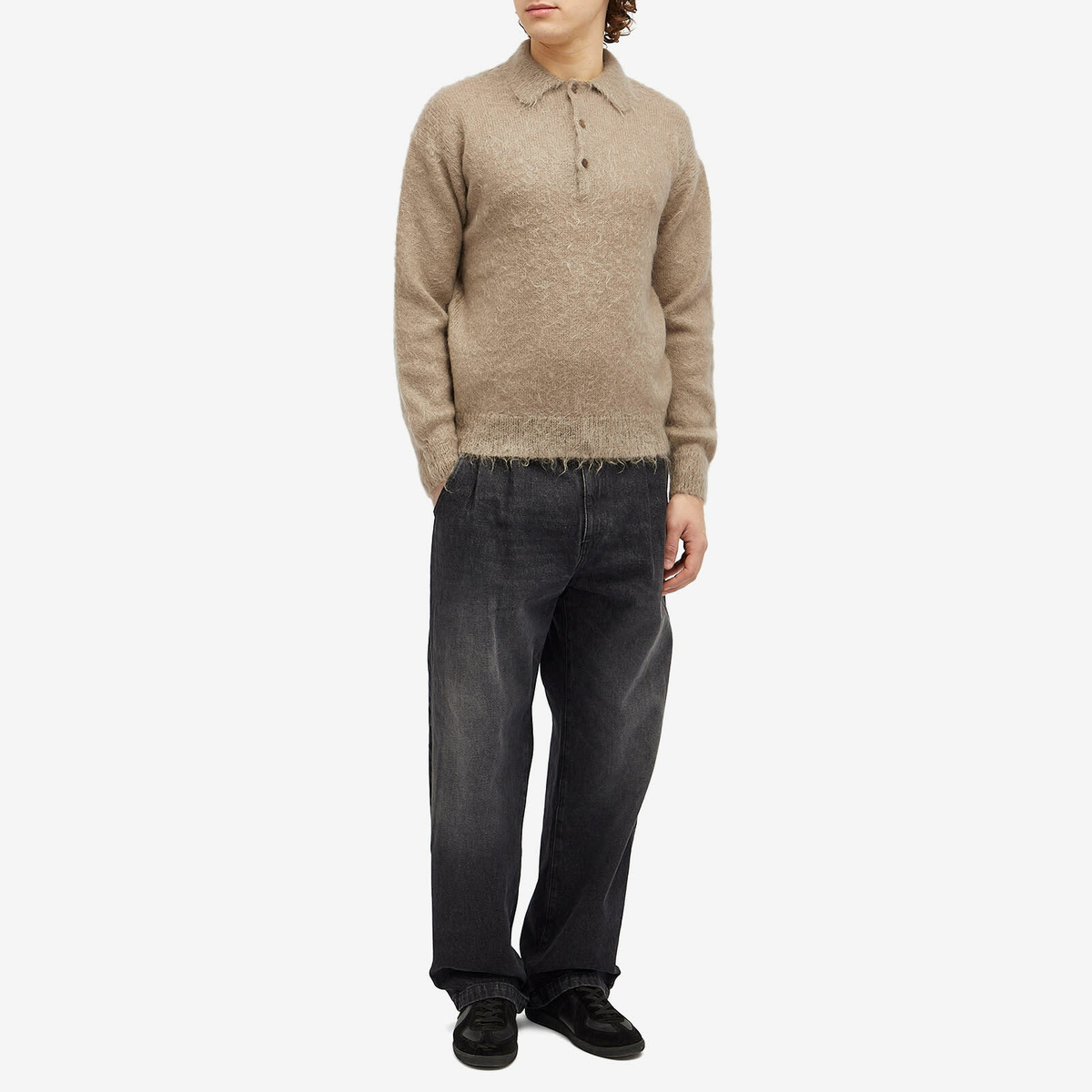 Auralee Men's Kid Mohair Polo in Gray Beige Auralee