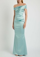 Talbot Runhof Asymmetric Off-the-shoulder Satin Gown Light Blue