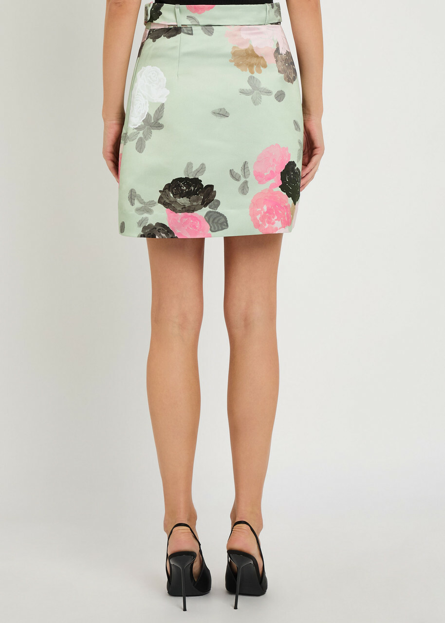 Bernadette Eva Belted Floral-print Satin Skirt Green