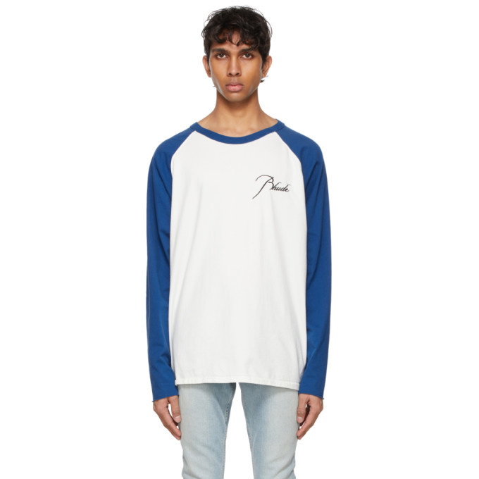 Photo: Rhude White and Blue Raglan Logo Long Sleeve T-Shirt