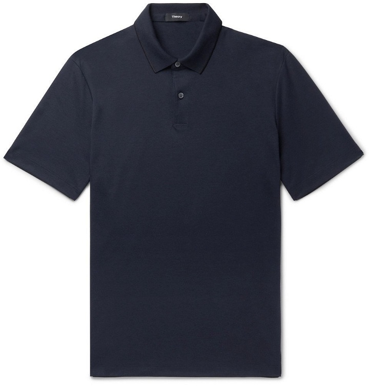 Photo: Theory - Contrast-Tipped Pima Cotton-Blend Piqué Polo Shirt - Midnight blue