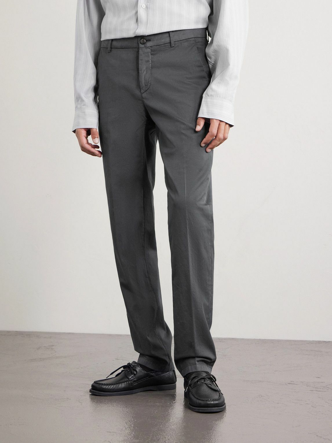Eleventy - Straight-Leg Pleated Stretch Cotton and Silk-Blend Trousers - Gray
