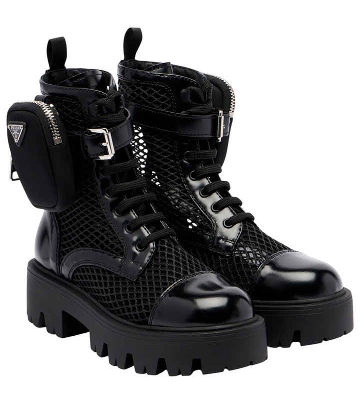 Photo: Prada Leather-trimmed mesh combat boots